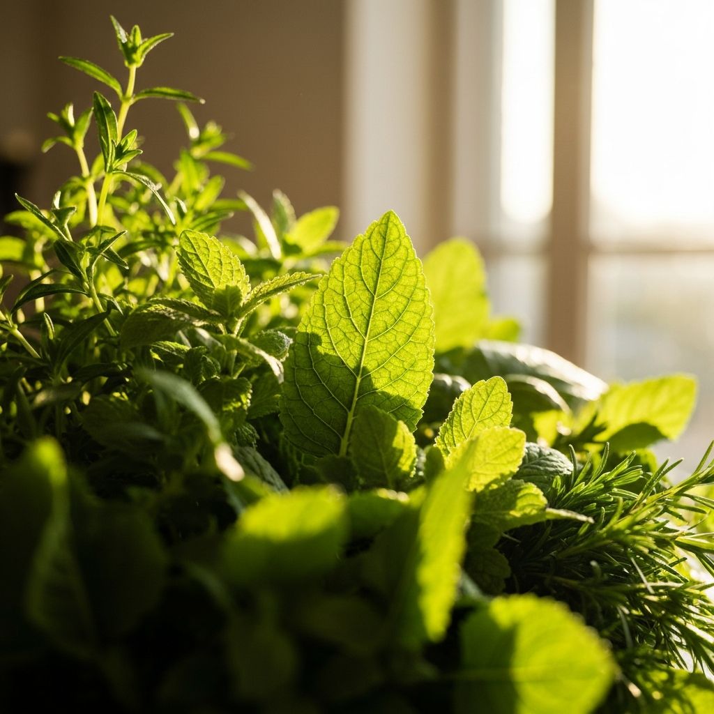 Various green plants and herbs in natural setting